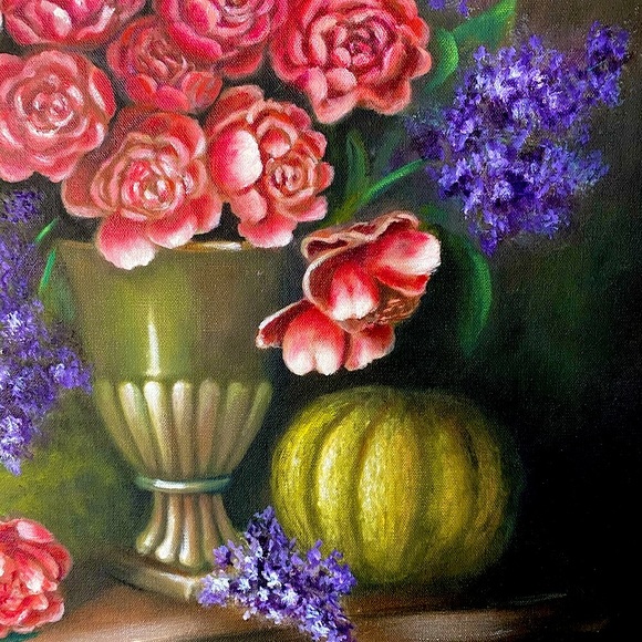 Giclee still life pink roses flowers in the vase floral print on wrapped canvas - Picture 3 of 5